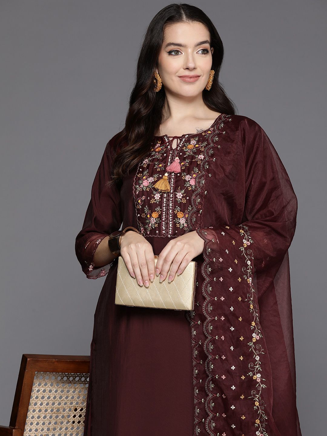 Indo Era Women Floral Embroidered Regular Sequinned Kurta with Trousers & With Dupatta | Grocsy