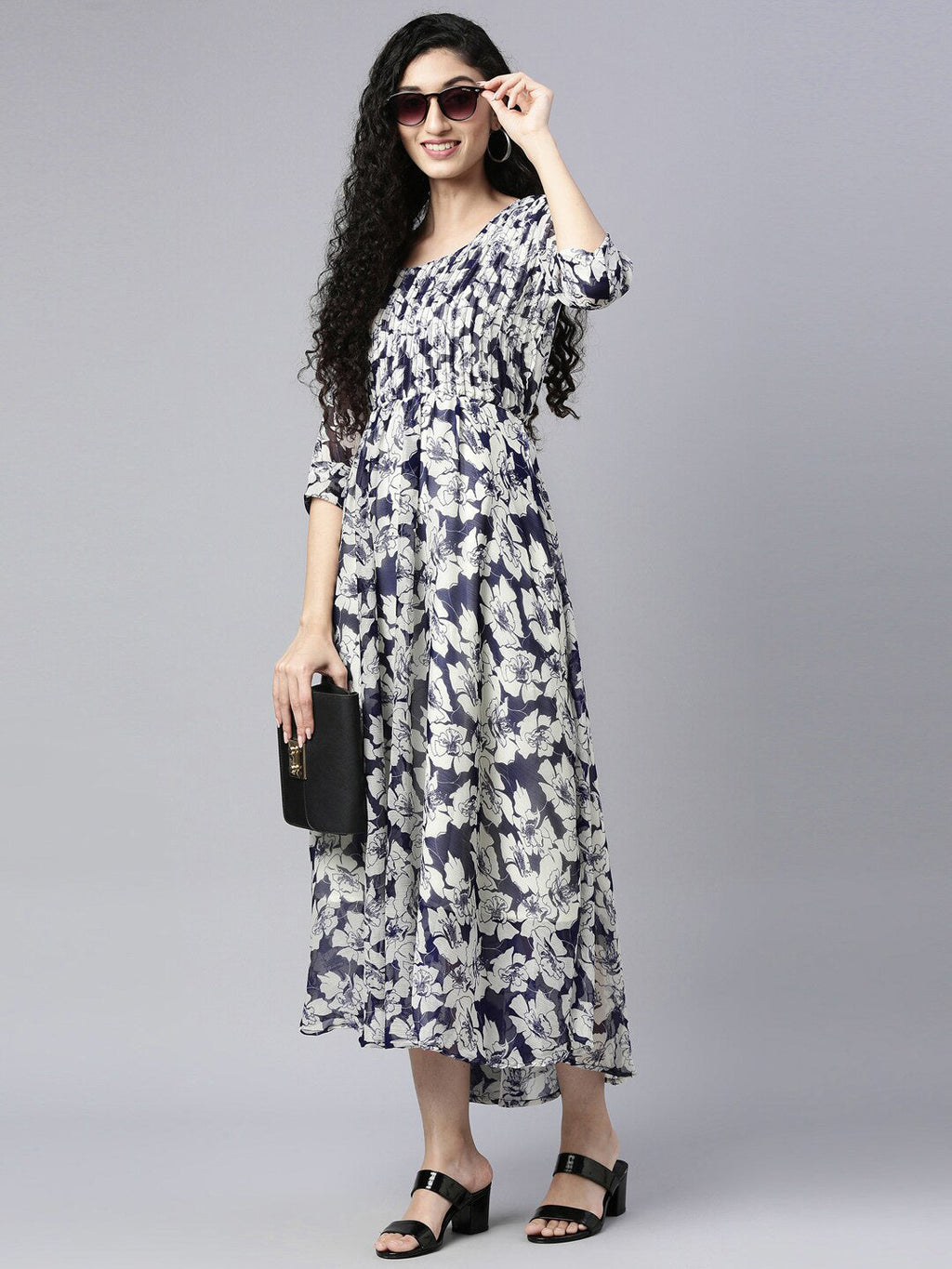 Souchii Floral Printed Chiffon Empire Midi Dress | Grocsy