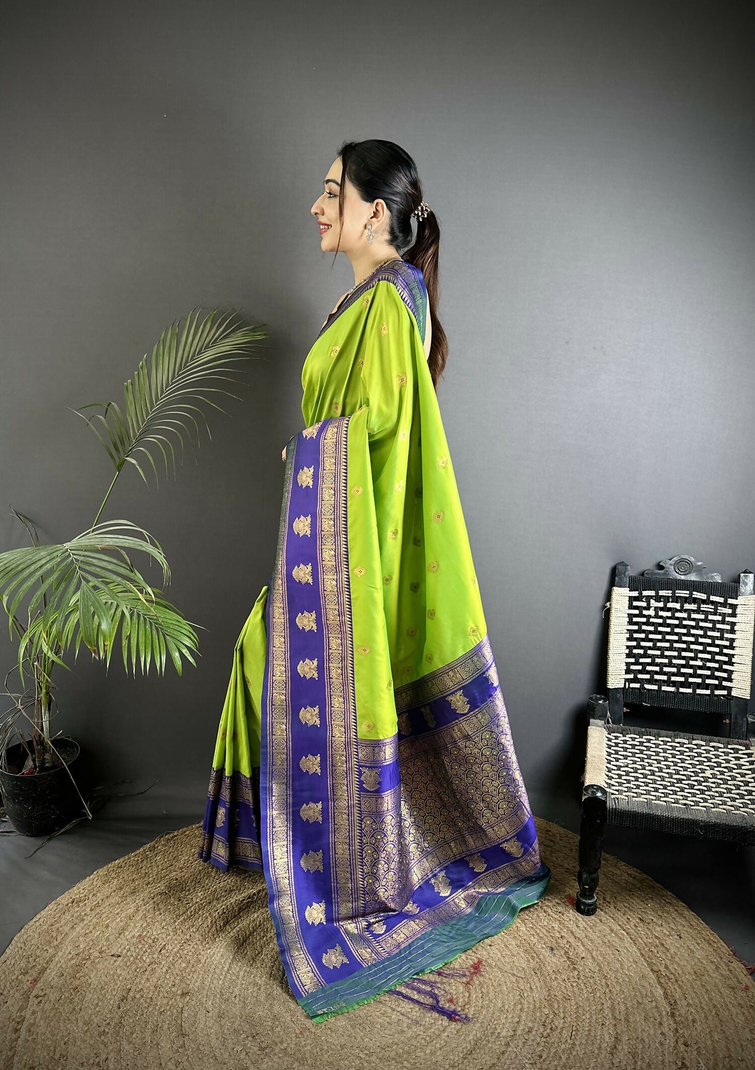 Joban Fashion Parrot Green Banarasi Soft Silk Woven Butti Saree | Grocsy