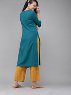 Yufta Women Teal Blue Embroidered straight Kurta | Grocsy