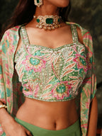 Green Pure Georgette Handwork Top with Skirt & Shrug - Naomika | Grocsy