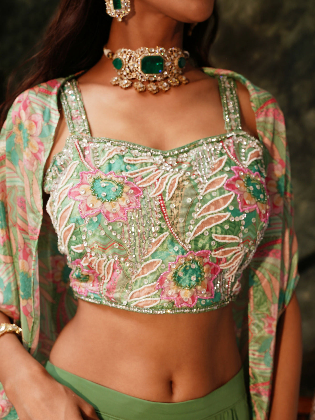 Green Pure Georgette Handwork Top with Skirt & Shrug - Naomika | Grocsy