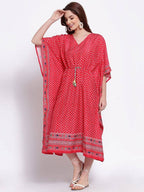 Myshka Women's Red Printed Cotton Blend 3/4 Sleeve V Neck Casual Dress | Grocsy