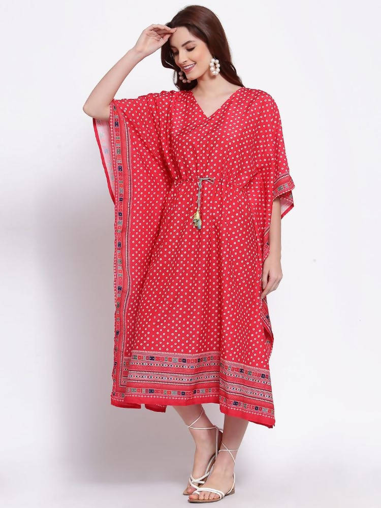 Myshka Women's Red Printed Cotton Blend 3/4 Sleeve V Neck Casual Dress | Grocsy