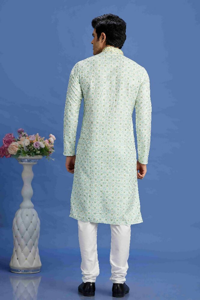 Raivat Ethnic Cotton Embroidery Kurta Pajama In Sea Green Colour | Grocsy