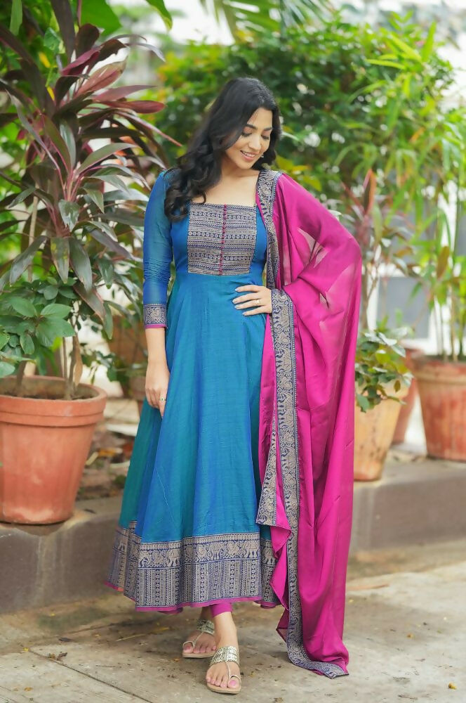 Teeya Creation Womens New Elegant Blue Anarkali Gown with Embroidered Yoke Contrasting Pink Dupatta Set | Grocsy