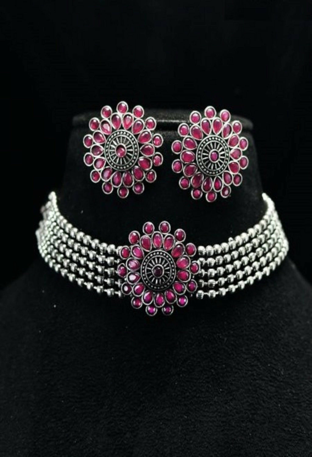 Mominos Fashion Johar Kamal Oxidised Silver-Plated Brass Finish Kundan Choker For Women (Pink) | Grocsy