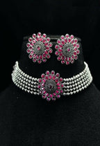 Mominos Fashion Johar Kamal Oxidised Silver-Plated Brass Finish Kundan Choker For Women (Pink) | Grocsy