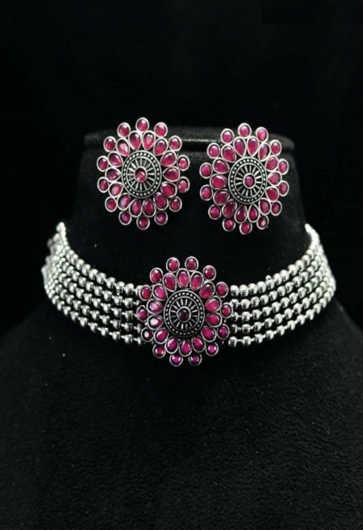 Mominos Fashion Johar Kamal Oxidised Silver-Plated Brass Finish Kundan Choker For Women (Pink) | Grocsy