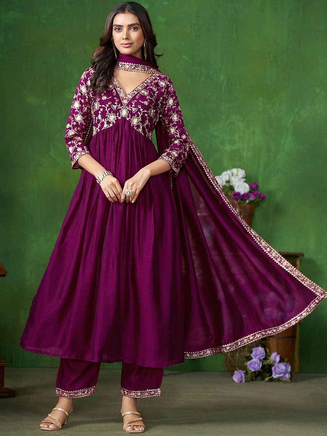 Sangria Floral Embroidered A-Line Kurta & Trousers With Dupatta | Grocsy