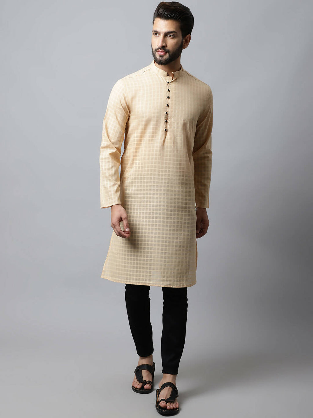 Even Apparels Beige Color Pure Cotton Men's Kurta With Side Placket (CHK1200) | Grocsy
