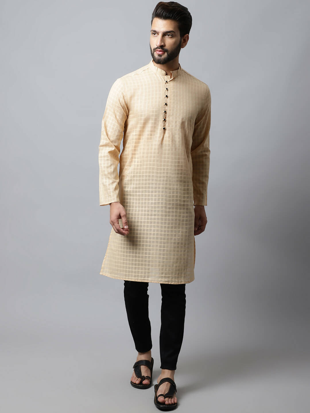 Even Apparels Beige Color Pure Cotton Men's Kurta With Side Placket (CHK1200) | Grocsy