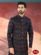 Joban Fashion Men's Blue Base ( Multi-Colour ) Straight Velvet Thread And Sequence Embroidary All Over Indo-Western Kurta Set | Grocsy