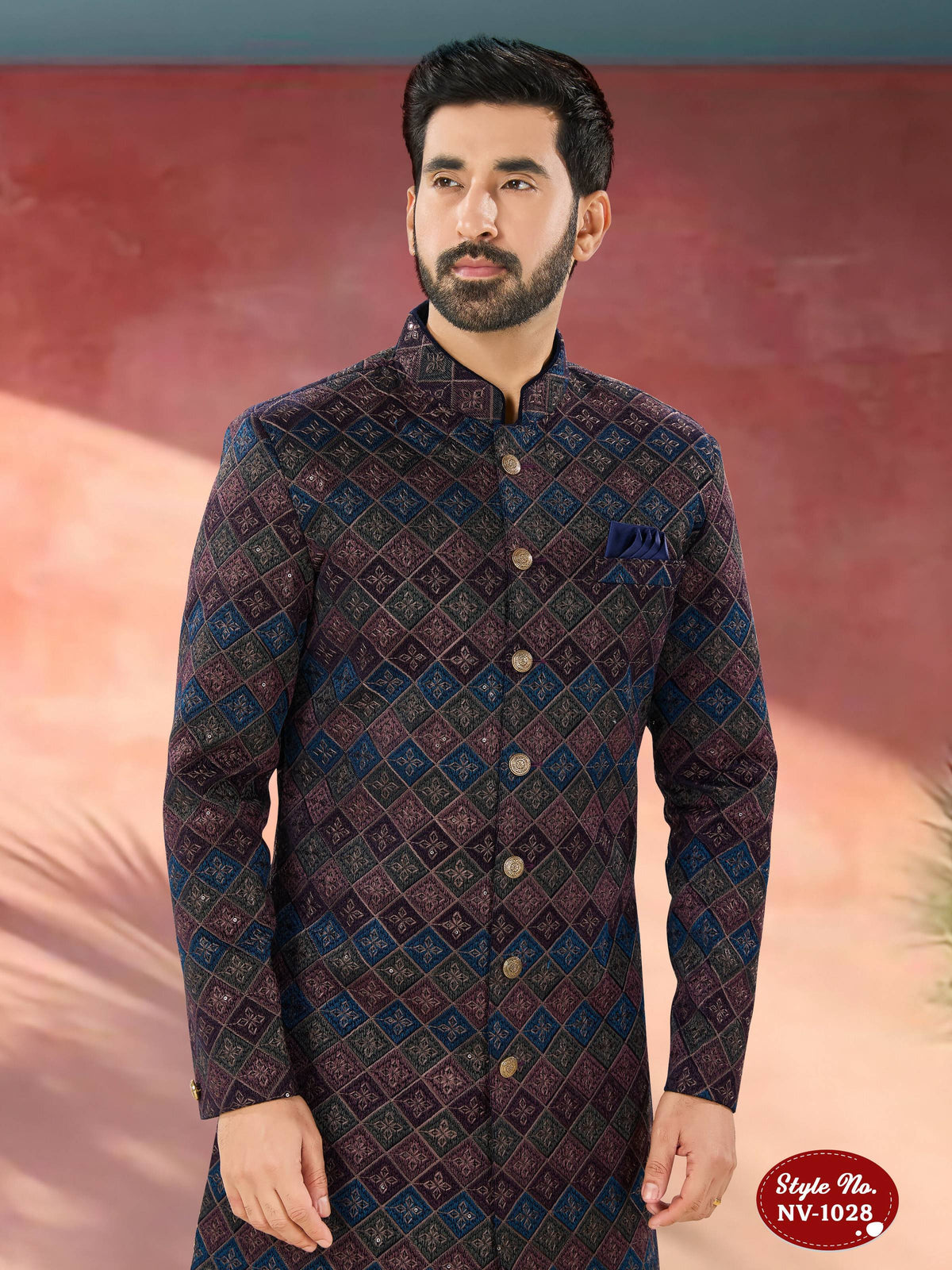 Joban Fashion Men's Blue Base ( Multi-Colour ) Straight Velvet Thread And Sequence Embroidary All Over Indo-Western Kurta Set | Grocsy