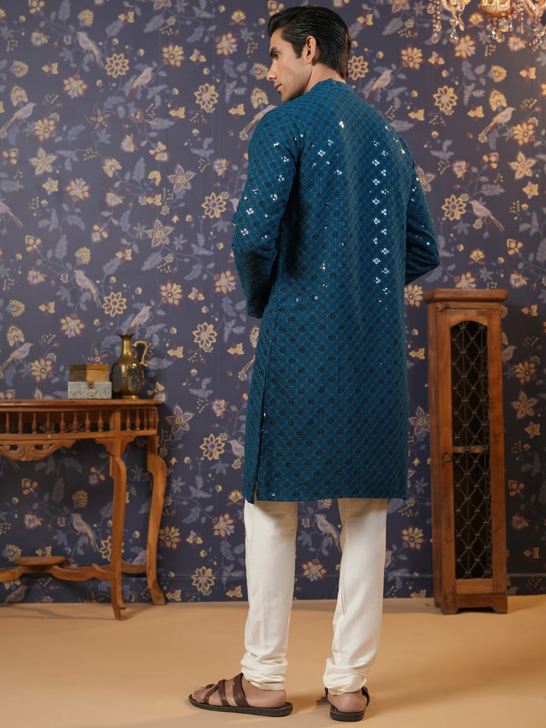 House of Pataudi Ethnic Motifs Embroidered Sequinned Straight Kurta With Churidar | Grocsy