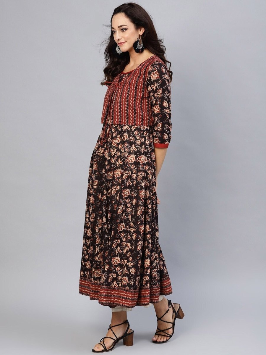 Aks Ethnic Motifs Printed Pure Cotton Anarkali Kurta With Jacket | Grocsy