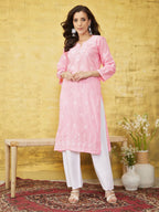 ADA Women Pink & White Chikankari Embroidered Straight Sustainable Handloom Kurta | Grocsy