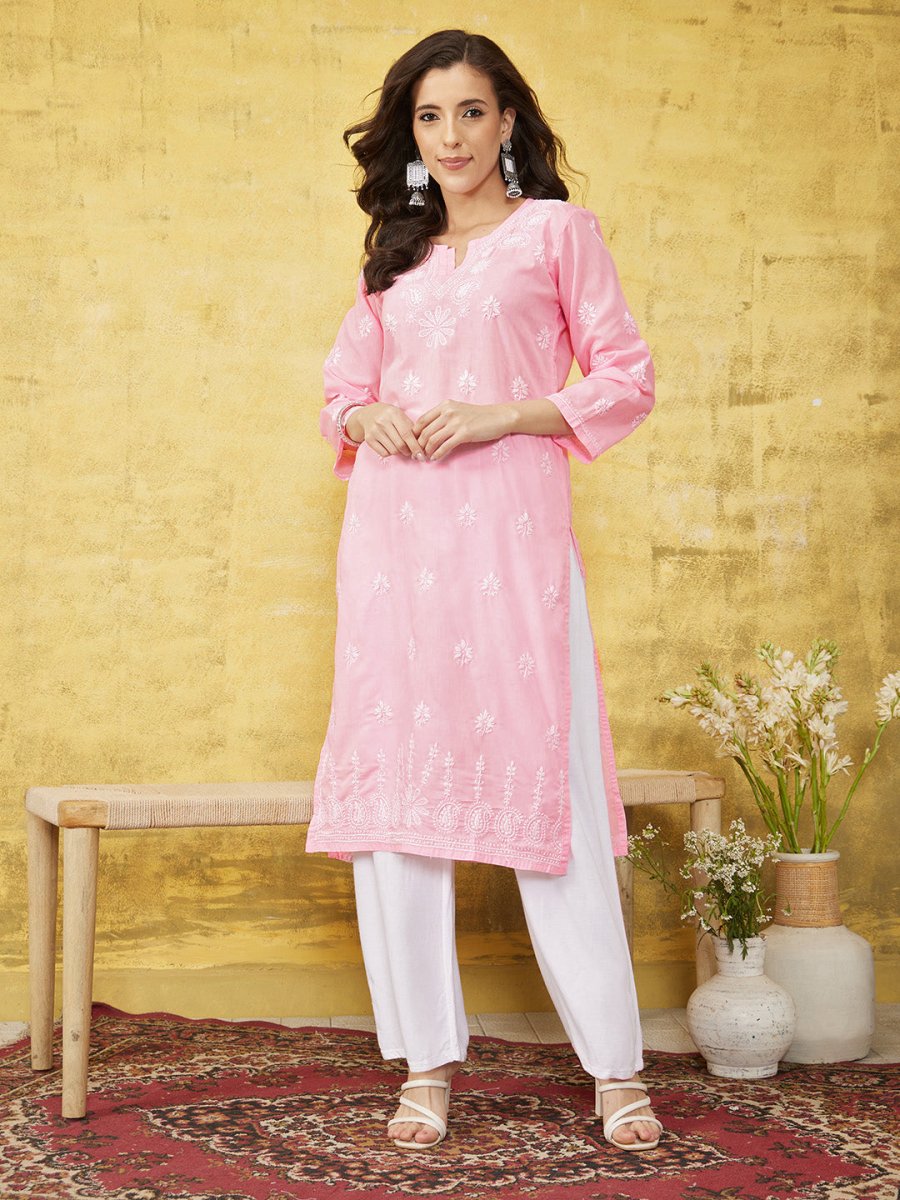 ADA Women Pink & White Chikankari Embroidered Straight Sustainable Handloom Kurta | Grocsy
