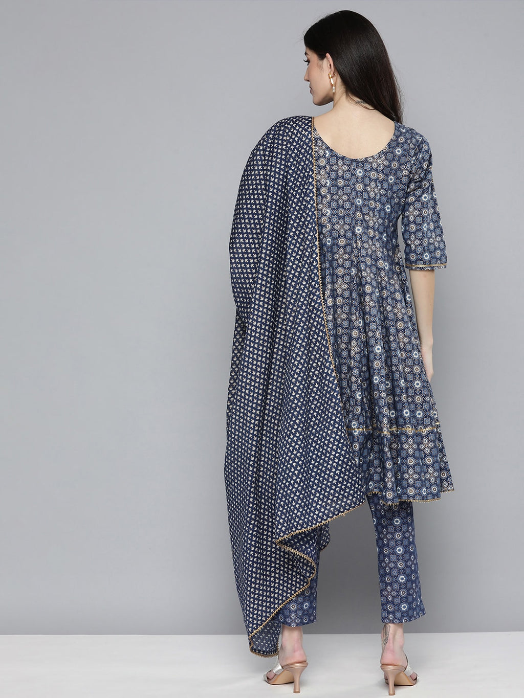 HERE&NOW Ethnic Embroidered & Printed Pure Cotton Anarkali Kurta with Trousers & Dupatta | Grocsy