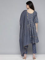 HERE&NOW Ethnic Embroidered & Printed Pure Cotton Anarkali Kurta with Trousers & Dupatta | Grocsy