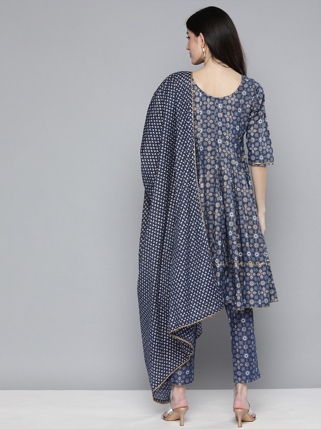 HERE&NOW Ethnic Embroidered & Printed Pure Cotton Anarkali Kurta with Trousers & Dupatta | Grocsy