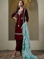 Sangria Floral Embroidered Round Neck Straight Velvet Kurta With Trousers & Dupatta | Grocsy