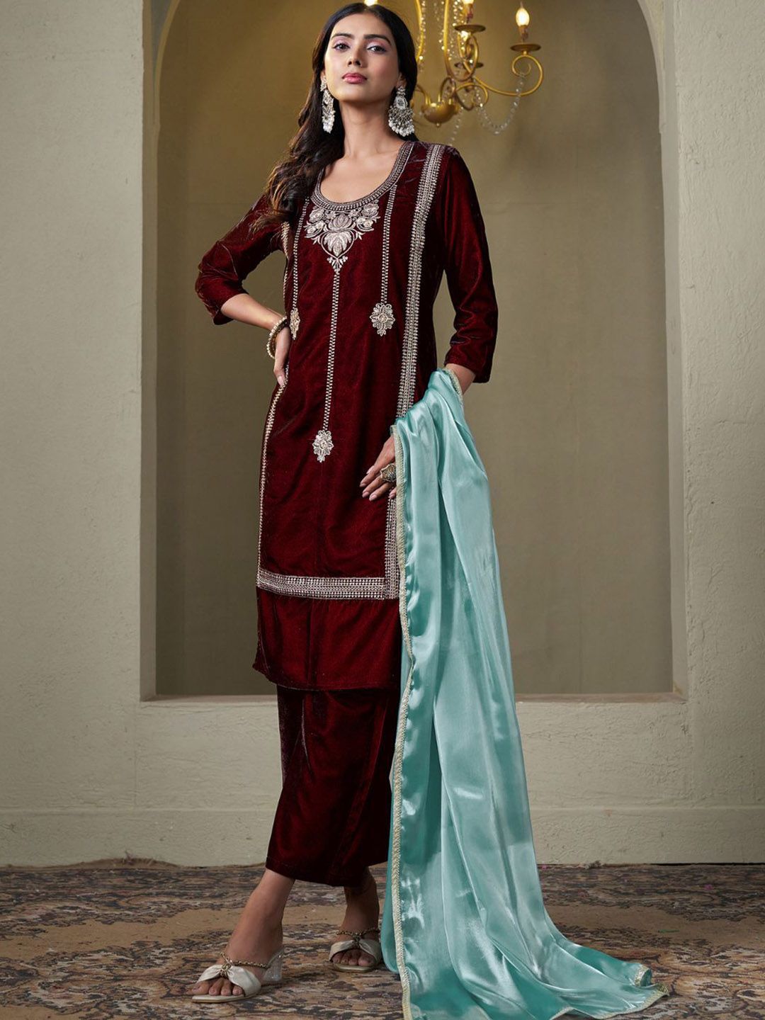 Sangria Floral Embroidered Round Neck Straight Velvet Kurta With Trousers & Dupatta | Grocsy
