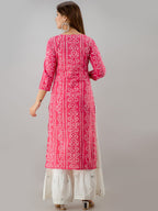 HERE&NOW Pink Tie Up Neck Bandhani Printed Gotta Patti Kurta | Grocsy