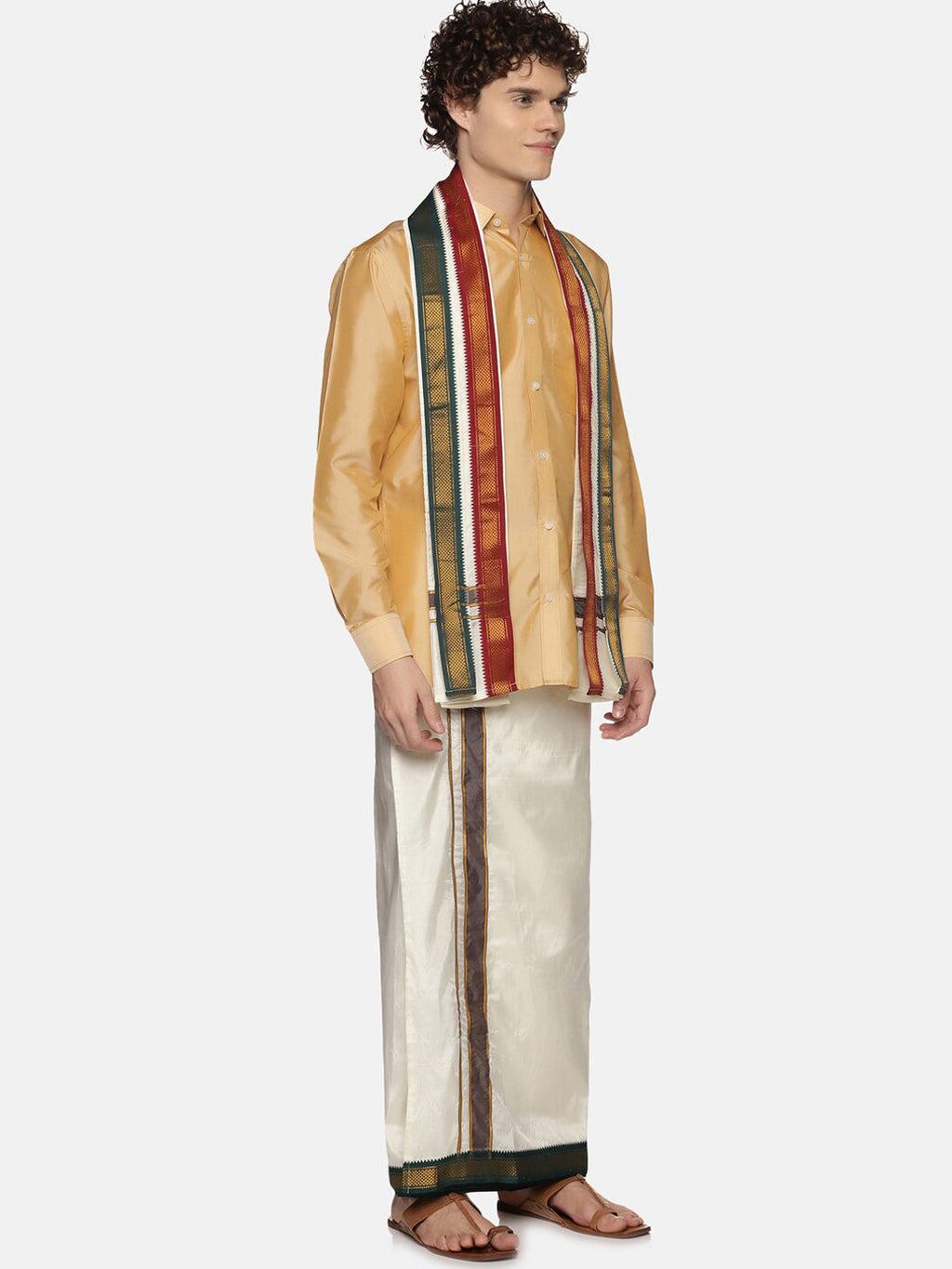 Sethukrishna Men Cream-Colored Solid Dhotis With Angavastram | Grocsy