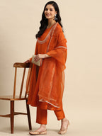 Sangria Ethnic Motifs Embroidered Mirror Work Silk Crepe Kurta with Trousers & Dupatta | Grocsy