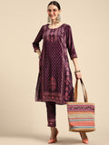 Sangria Women Burgundy & Pink Ethnic Motifs Printed Kurta with Trousers | Grocsy