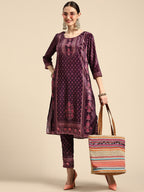 Sangria Women Burgundy & Pink Ethnic Motifs Printed Kurta with Trousers | Grocsy