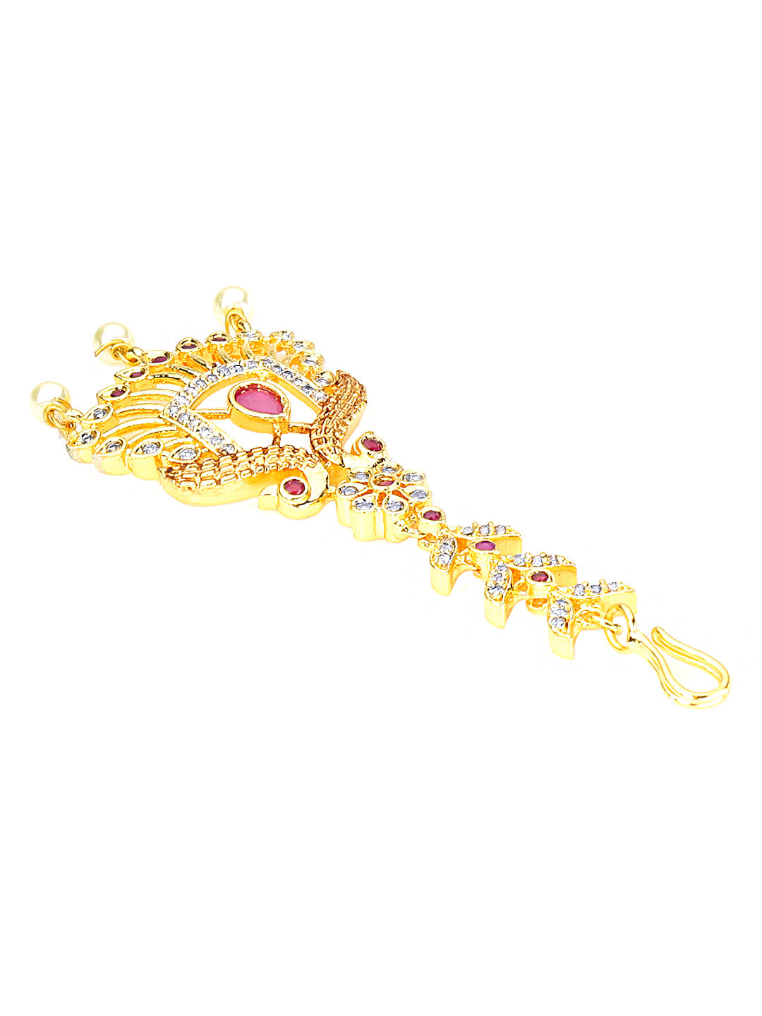 Yellow Chimes Women Gold -Toned Pink & White American Diamond Studded Handcrafted Maang Tikka | Grocsy