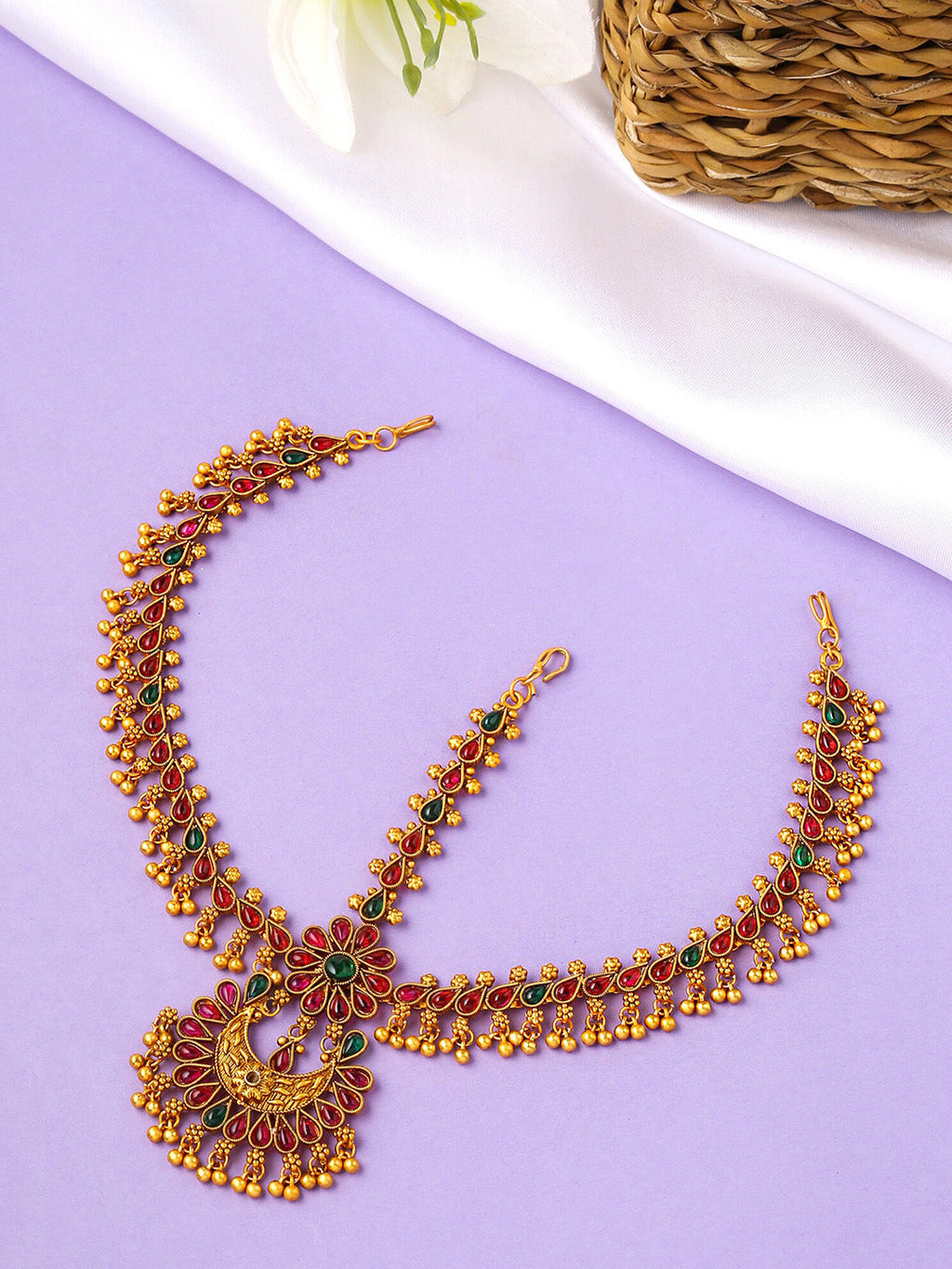Yellow Chimes Gold-Toned Green Kundan Layered Temple Bridal Traditional Matha Patti | Grocsy