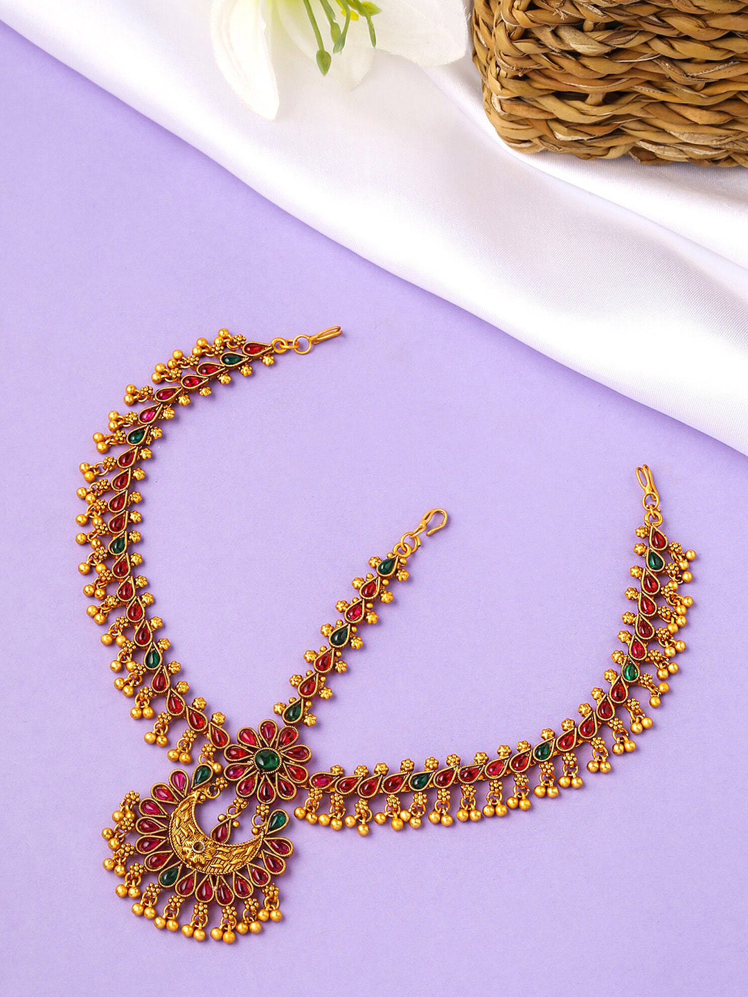 Yellow Chimes Gold-Toned Green Kundan Layered Temple Bridal Traditional Matha Patti | Grocsy