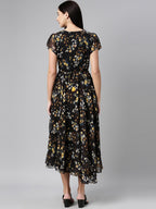Souchii Women Black Floral Chiffon Maxi Dress | Grocsy