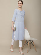 Sangria Women Lavender Geometric Printed Flared Sleeves Thread Work Kurta | Grocsy