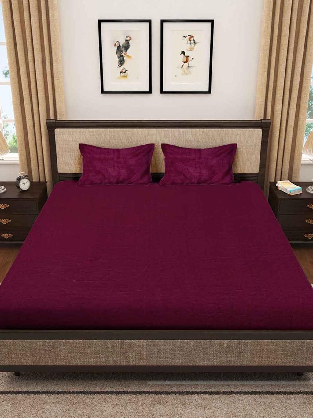 KLOTTHE Maroon 300 TC Woolen Fitted Double King Bedsheet With 2 Pillow Covers | Grocsy