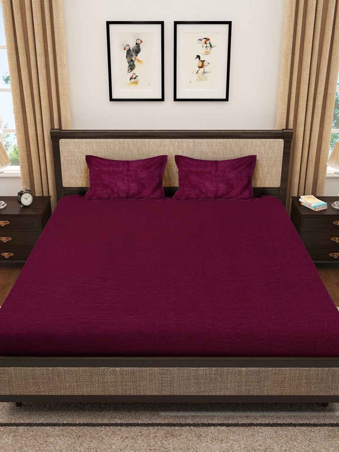 KLOTTHE Maroon 300 TC Woolen Fitted Double King Bedsheet With 2 Pillow Covers | Grocsy