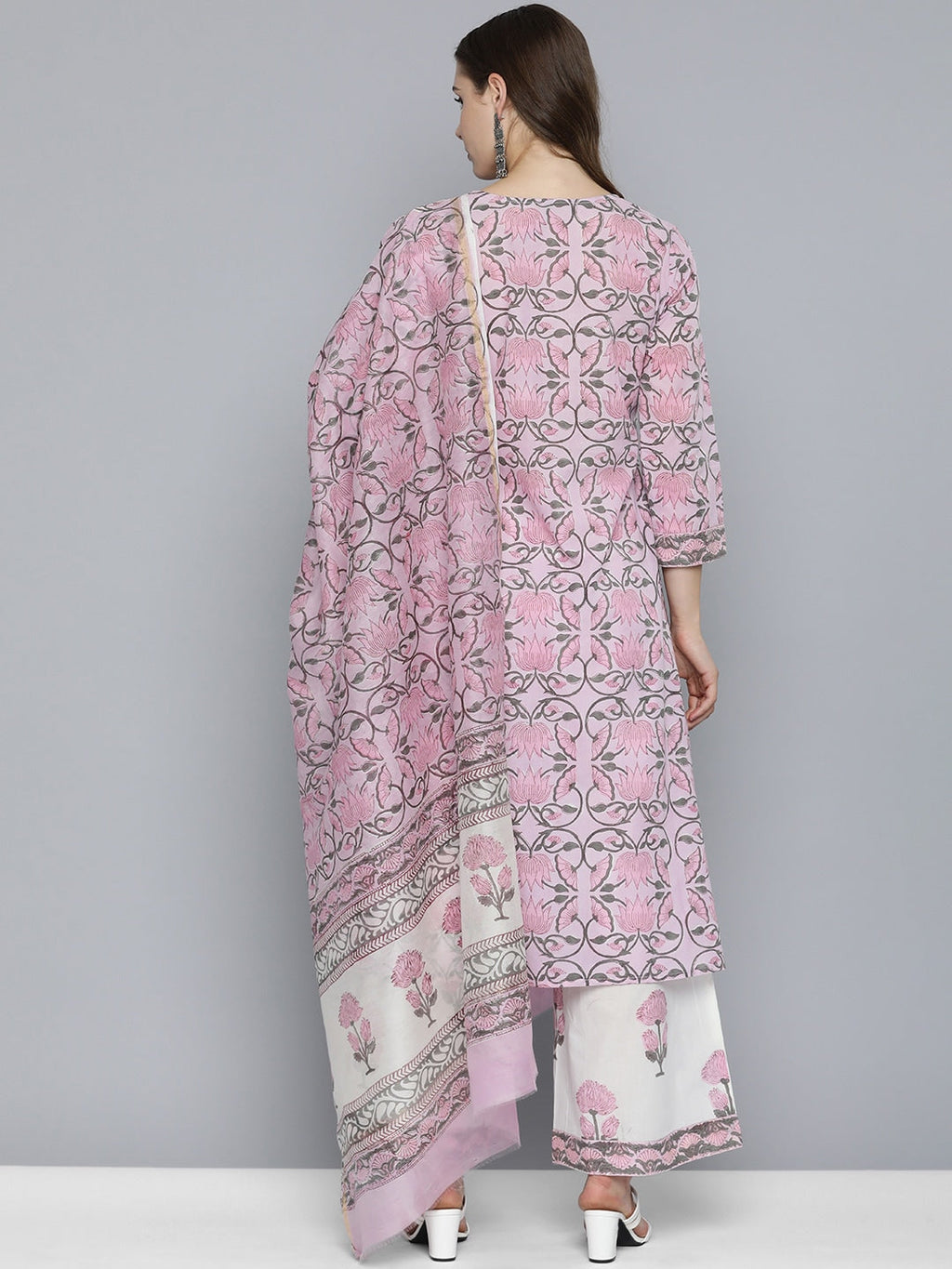 HERE&NOW Women Floral Printed Regular Pure Cotton Kurta with Palazzos & With Dupatta | Grocsy