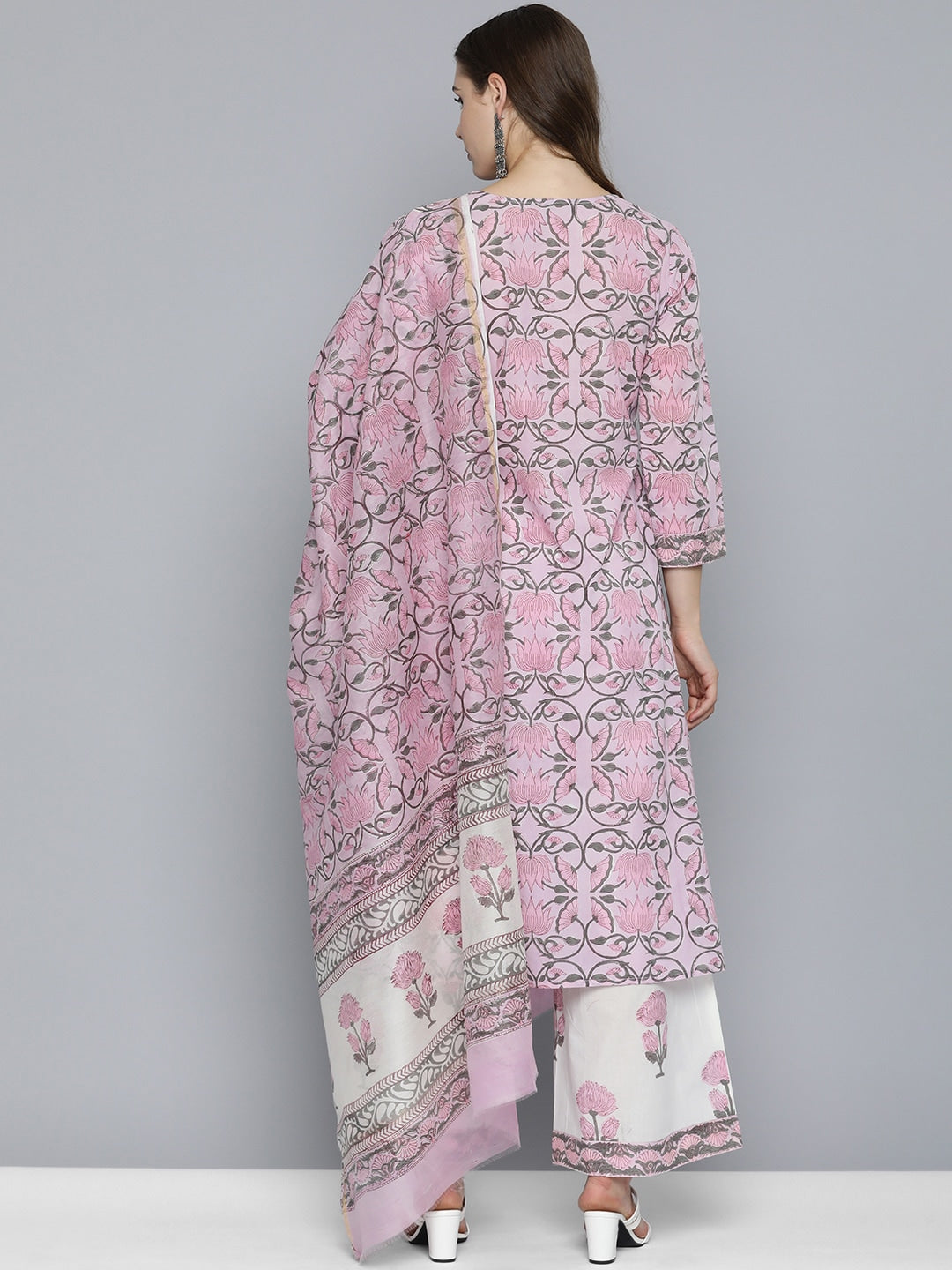 HERE&NOW Women Floral Printed Regular Pure Cotton Kurta with Palazzos & With Dupatta | Grocsy