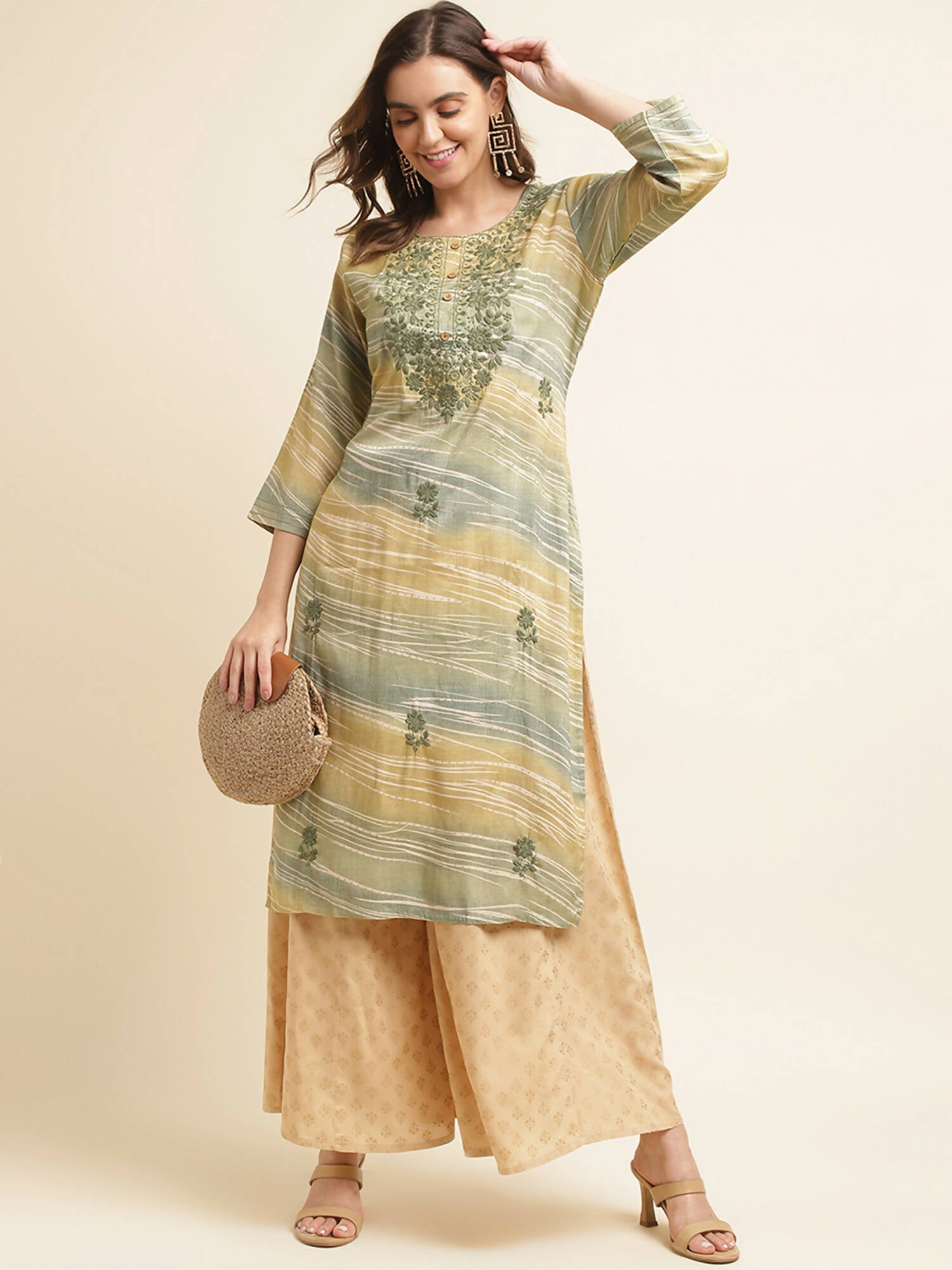 Green Poly Rayon Stripe Printed Straight Fit Kurta - Prasuti | Grocsy