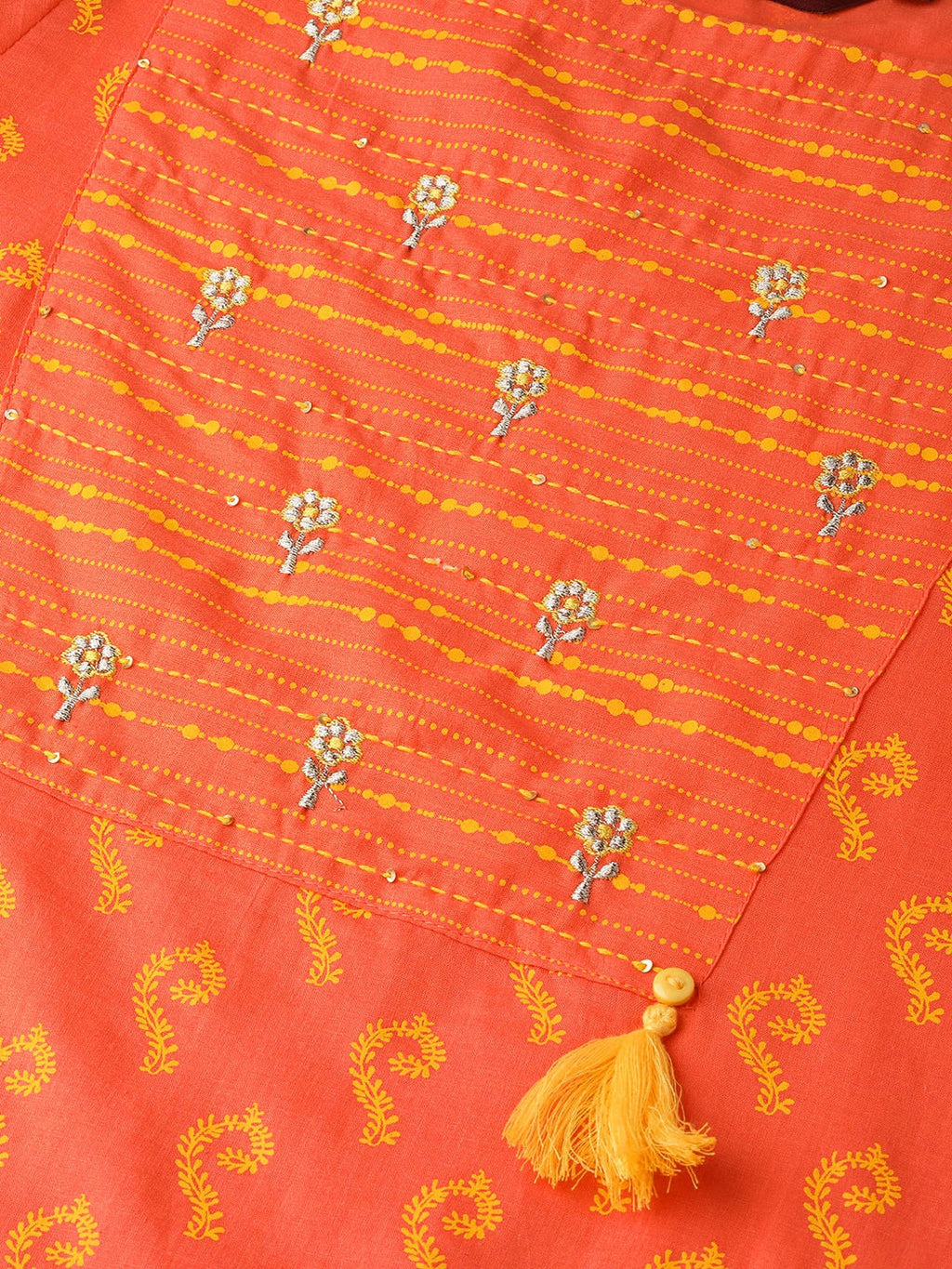 Sangria Women Orange & Yellow Printed Kurta with Trousers | Grocsy