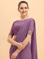Sangria Women Purple Solid Georgette Saree with Embellished Belt | Grocsy