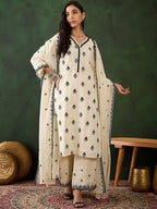 Sangria Off White Floral Embroidered Pure Cotton Mirror Work Kurta & Palazzos With Dupatta | Grocsy