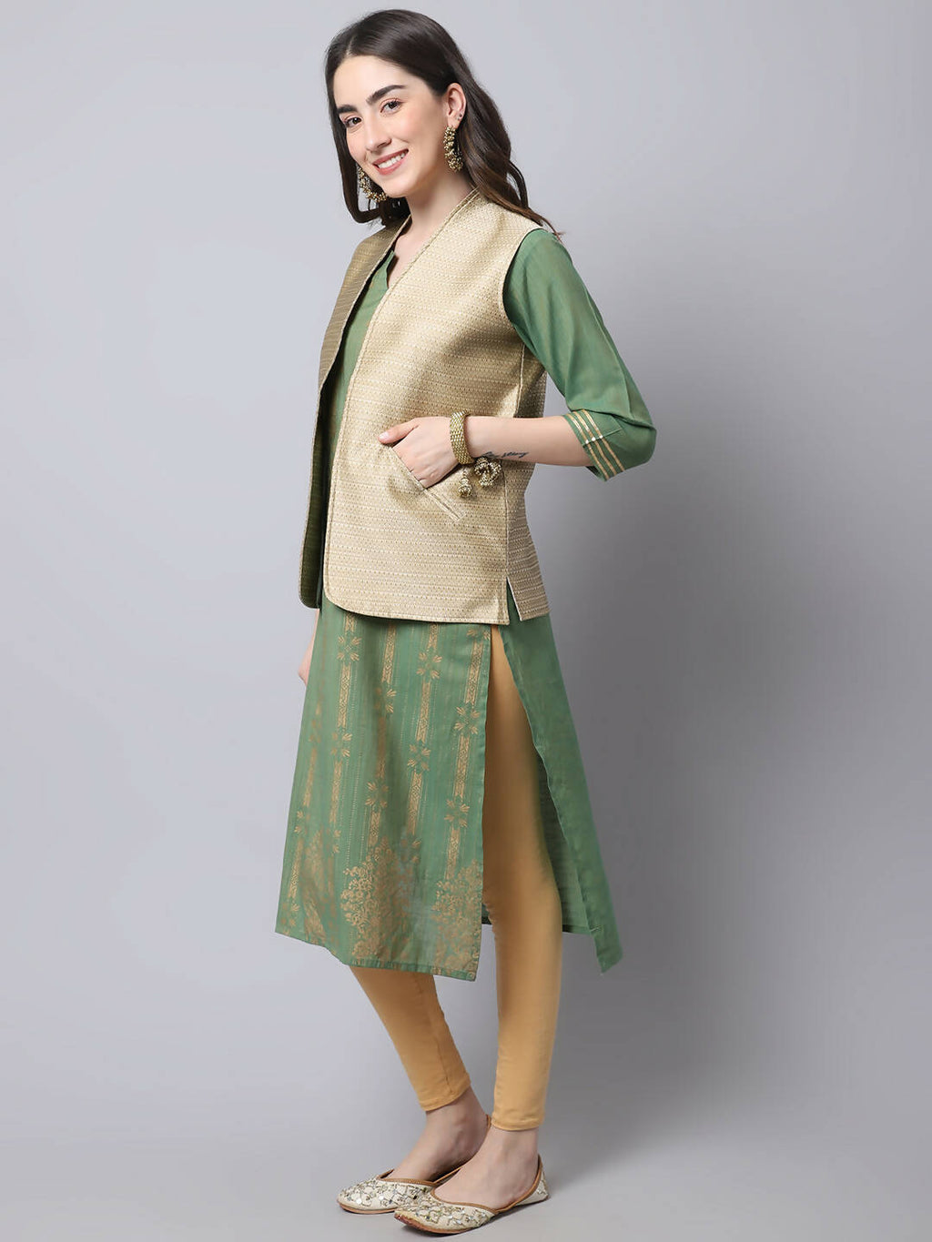 Even Apparels Beige Bansari Silk Open Front Gillet | Grocsy