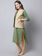 Even Apparels Beige Bansari Silk Open Front Gillet | Grocsy
