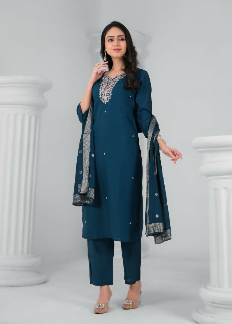 Ethnic Festive Wear Chanderi Rama Stitched Suit With Dupatta - Tanisha | Grocsy