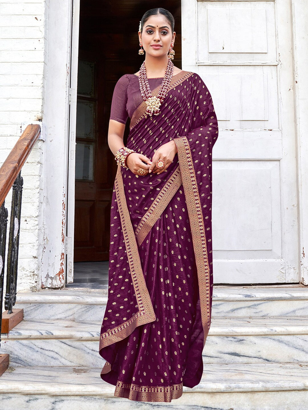 Saree Mall Purple & Gold-Toned Ethnic Motifs Printed Zari Sarees | Grocsy