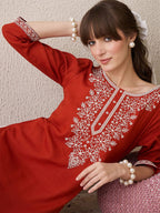 Indo Era Floral Yoke Design Thread Work Cotton Straight Kurta | Grocsy
